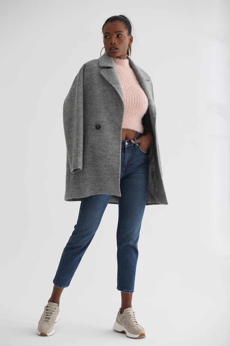 Gri İki Düğme Kısa Kaban D89254
