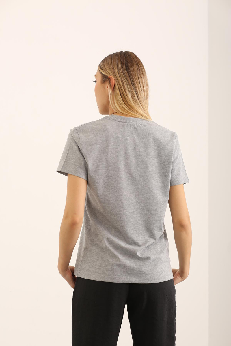Gri Kalp Nakışlı Basic Tshirt 19019