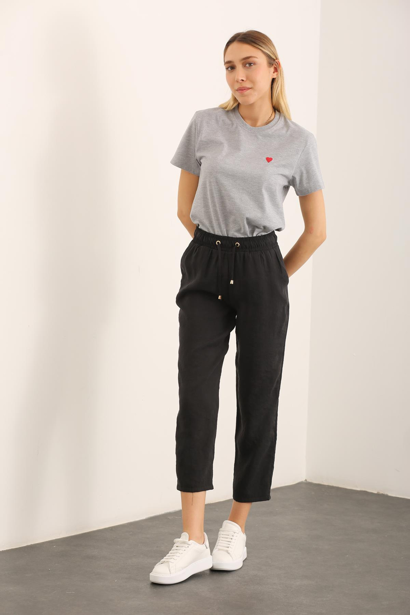 Gri Kalp Nakışlı Basic Tshirt 19019
