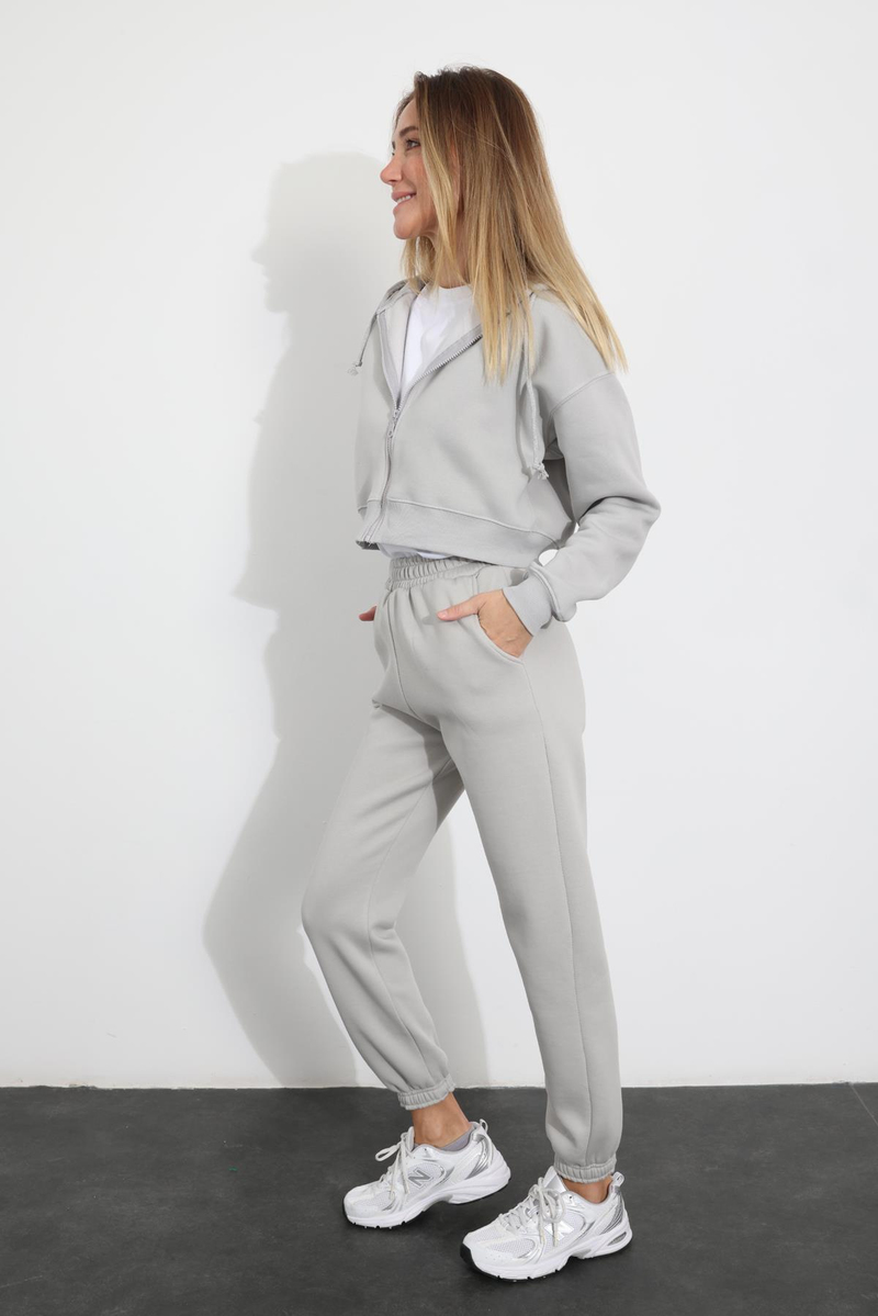 Gri Kapüşonlu Fermuarlı Sweatshirt 3717