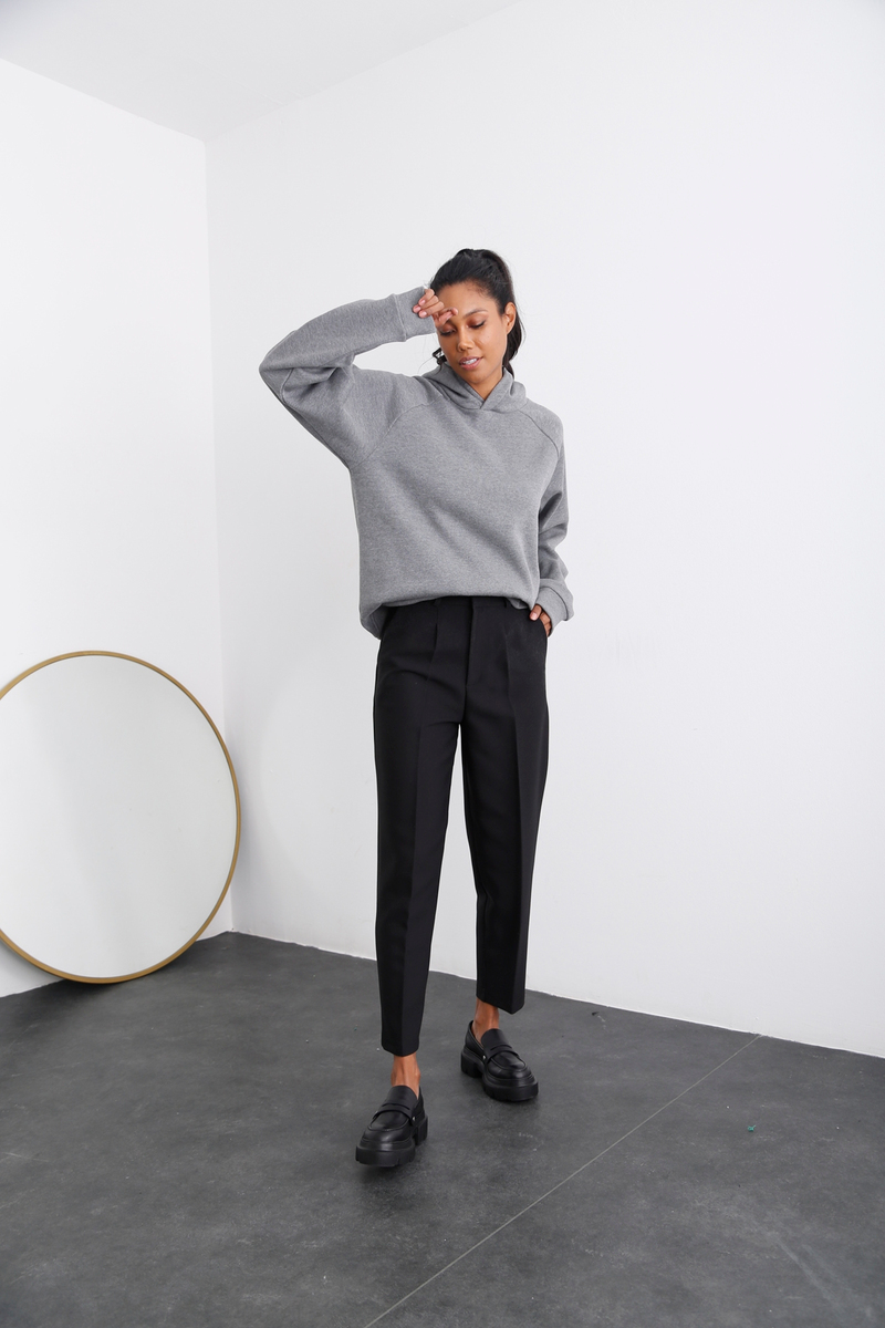 Gri Kapüşonlu Şardonlu Sweatshirt 