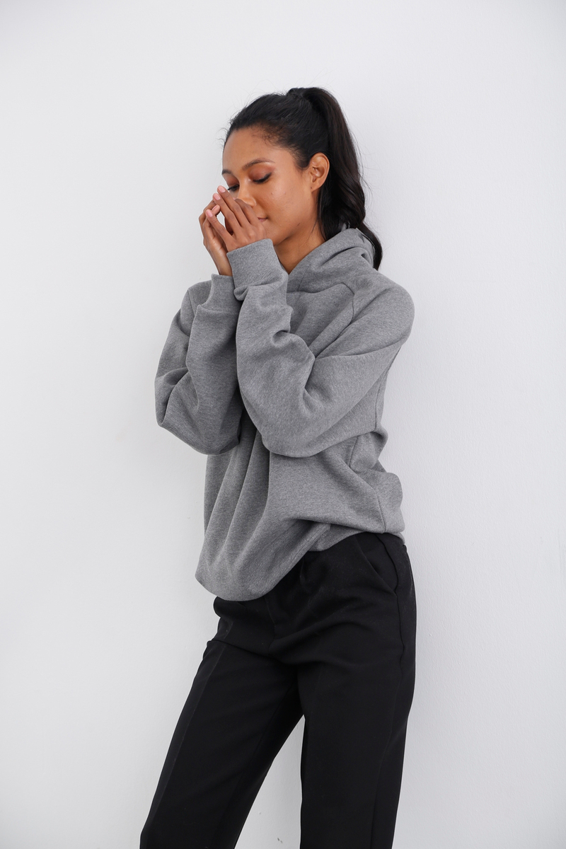 Gri Kapüşonlu Şardonlu Sweatshirt 