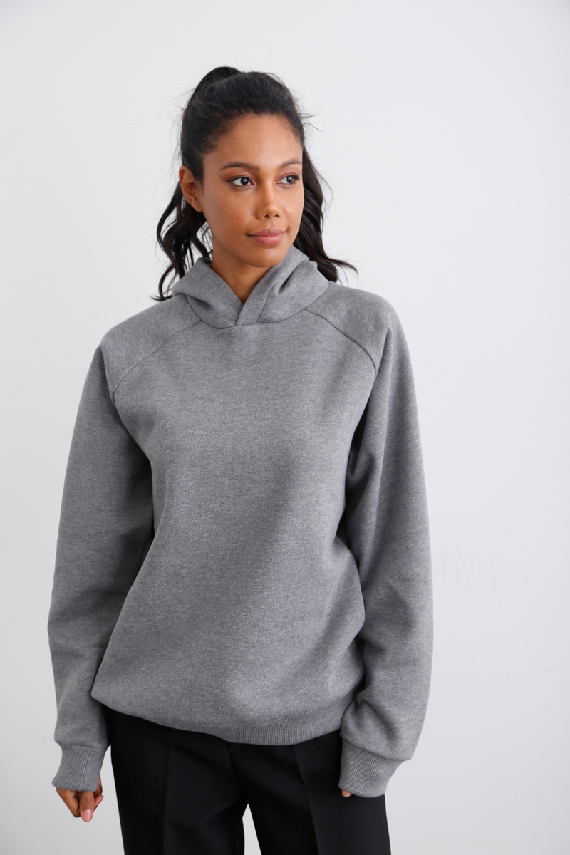 Gri Kapüşonlu Şardonlu Sweatshirt 