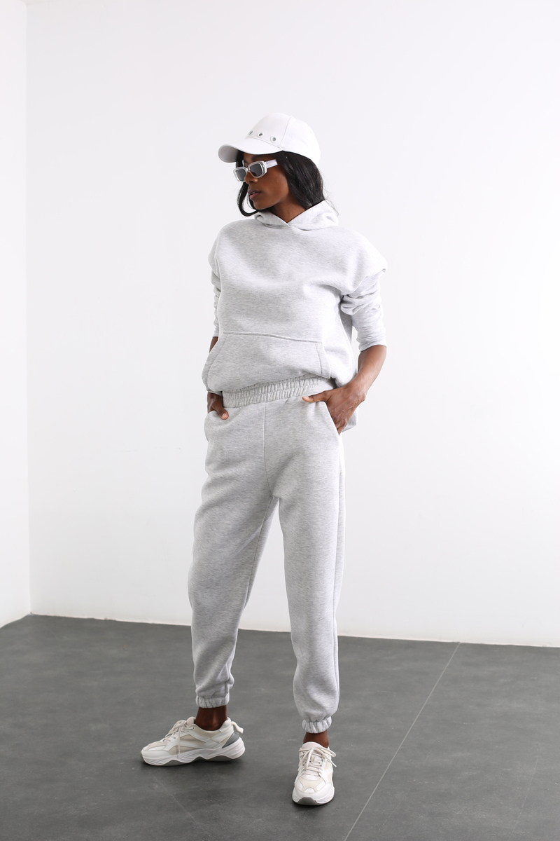 Gri Kapüşonlu Sweatshirt Takım 3828