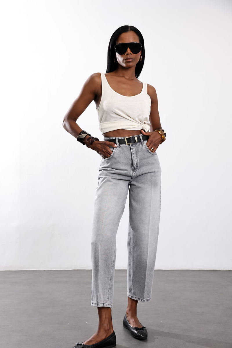 Gri Kemerli Baggy Jean 3010