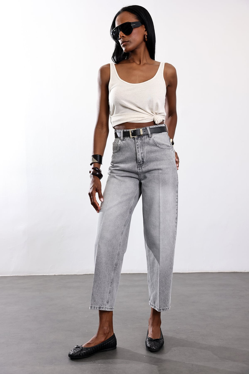 Gri Kemerli Baggy Jean 3010