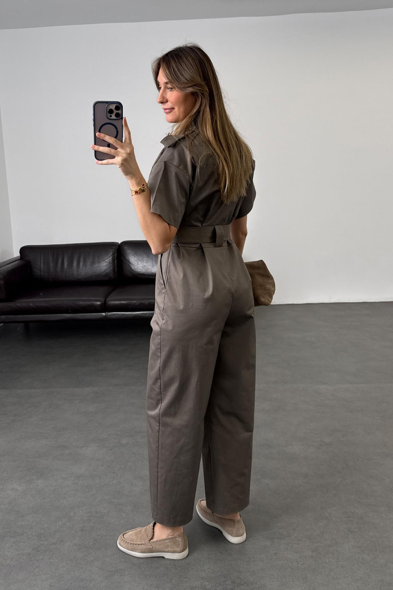 Gri Kuşaklı Önü Düğmeli Tulum 9535