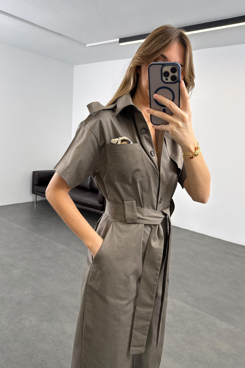 Gri Kuşaklı Önü Düğmeli Tulum 9535