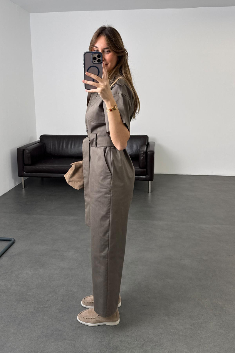 Gri Kuşaklı Önü Düğmeli Tulum 9535