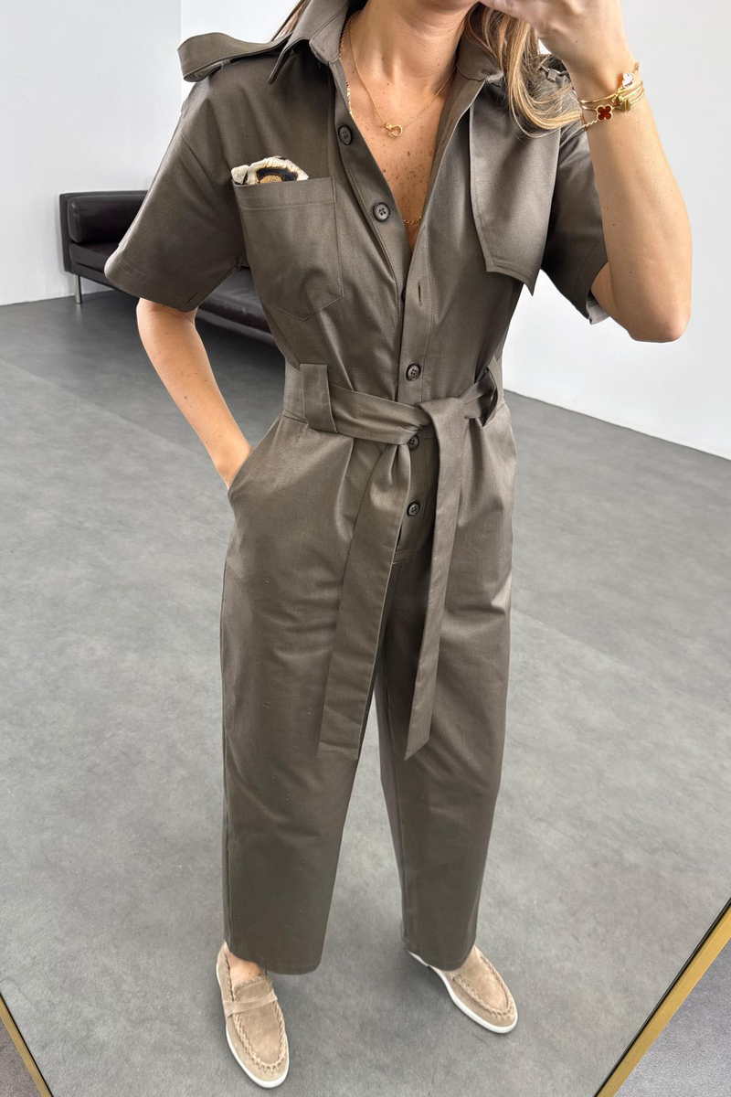 Gri Kuşaklı Önü Düğmeli Tulum 9535