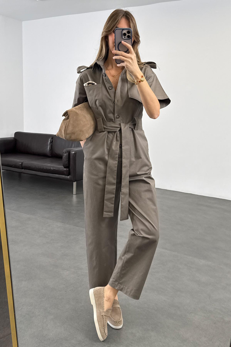 Gri Kuşaklı Önü Düğmeli Tulum 9535