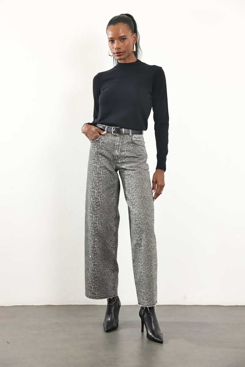 Gri Leopar Desen Pullu Wide Leg Jean 