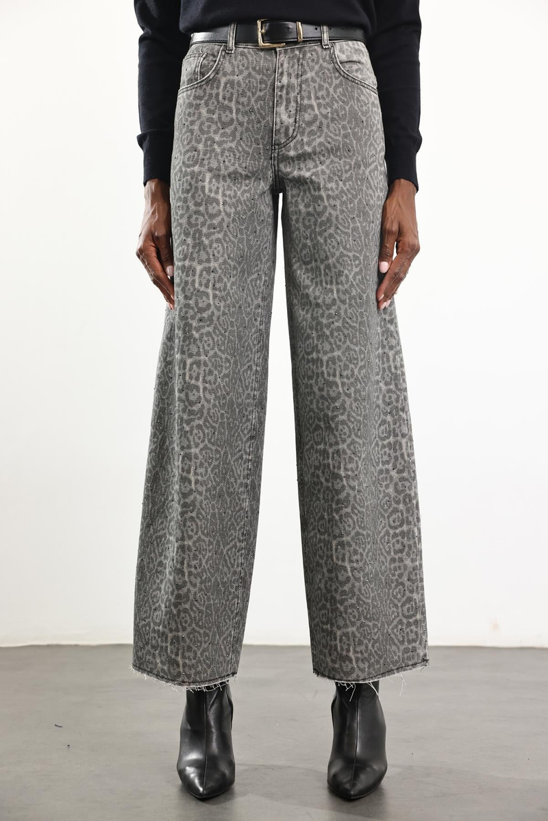 Gri Leopar Desen Pullu Wide Leg Jean 