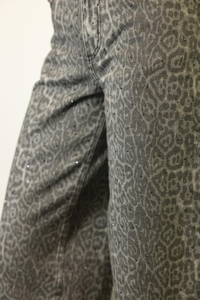 Gri Leopar Desen Pullu Wide Leg Jean 