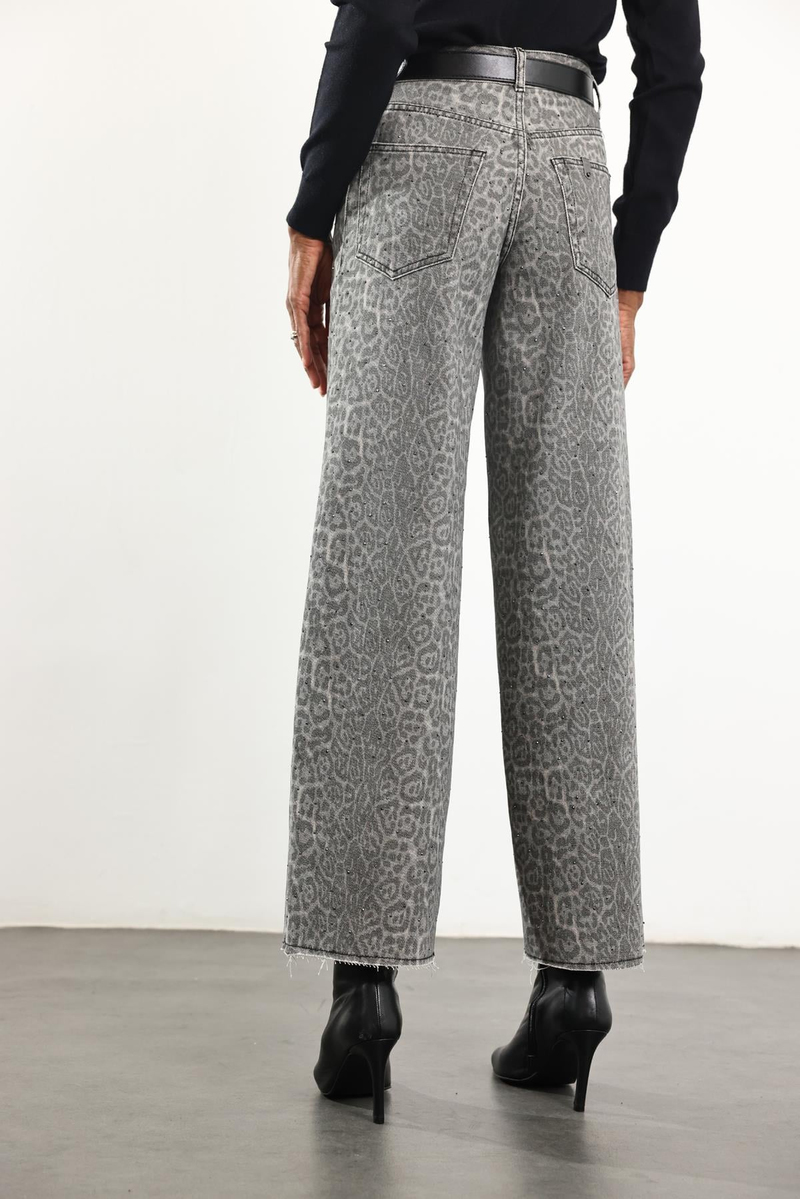 Gri Leopar Desen Pullu Wide Leg Jean 