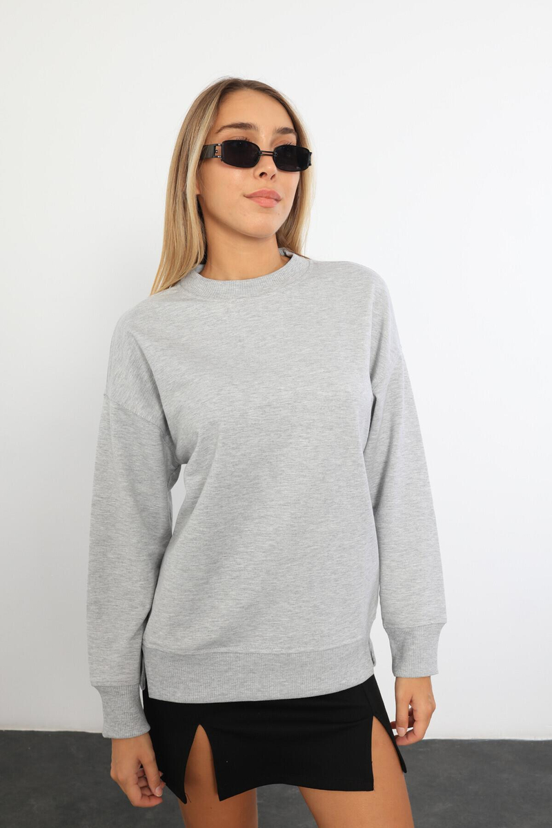 Gri Melanj Bisiklet Yaka Basic Sweatshirt 9002