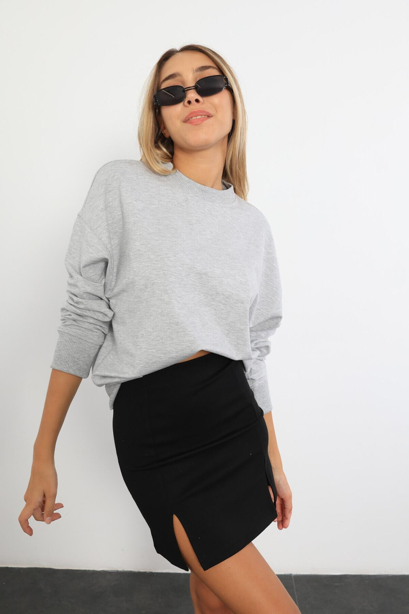 Gri Melanj Bisiklet Yaka Basic Sweatshirt 9002
