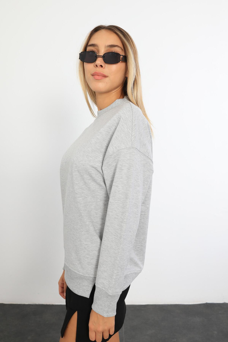 Gri Melanj Bisiklet Yaka Basic Sweatshirt 9002