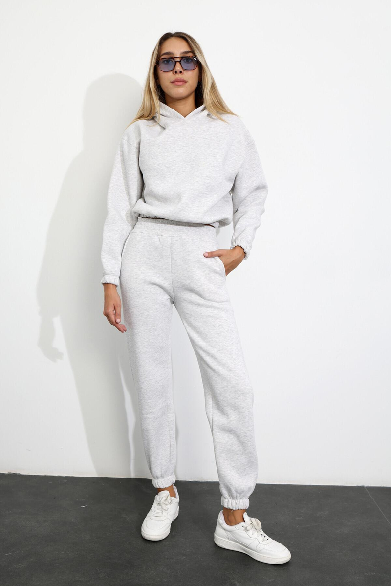 Gri Melanj Kapüşonlu Sweatshirt Eşofman Takım 04071