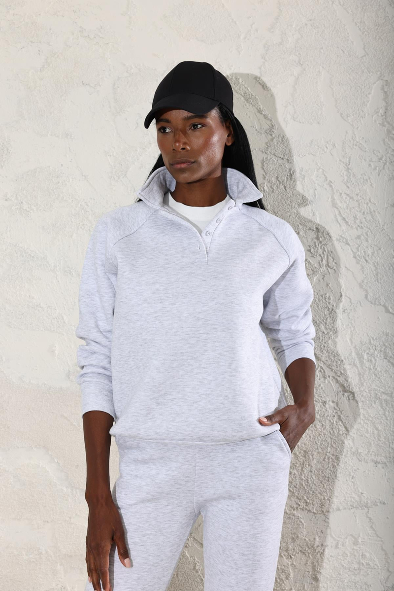 Gri Melanj Polo Yaka Sweatshirt Eşofman Takım 3967