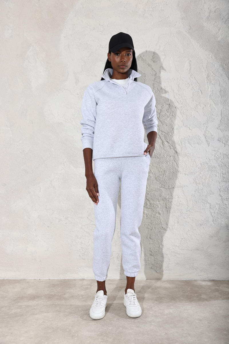 Gri Melanj Polo Yaka Sweatshirt Eşofman Takım 3967