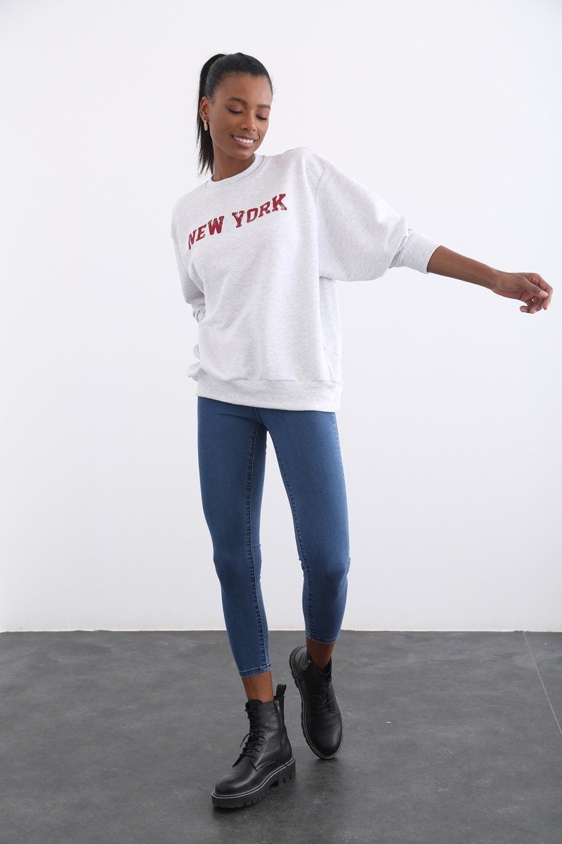 Gri New York Baskılı Sweatshirt 