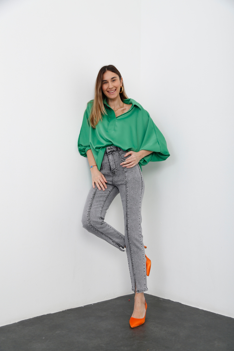 Gri Önden Yırtmaçlı Slim Fit Jean D.515