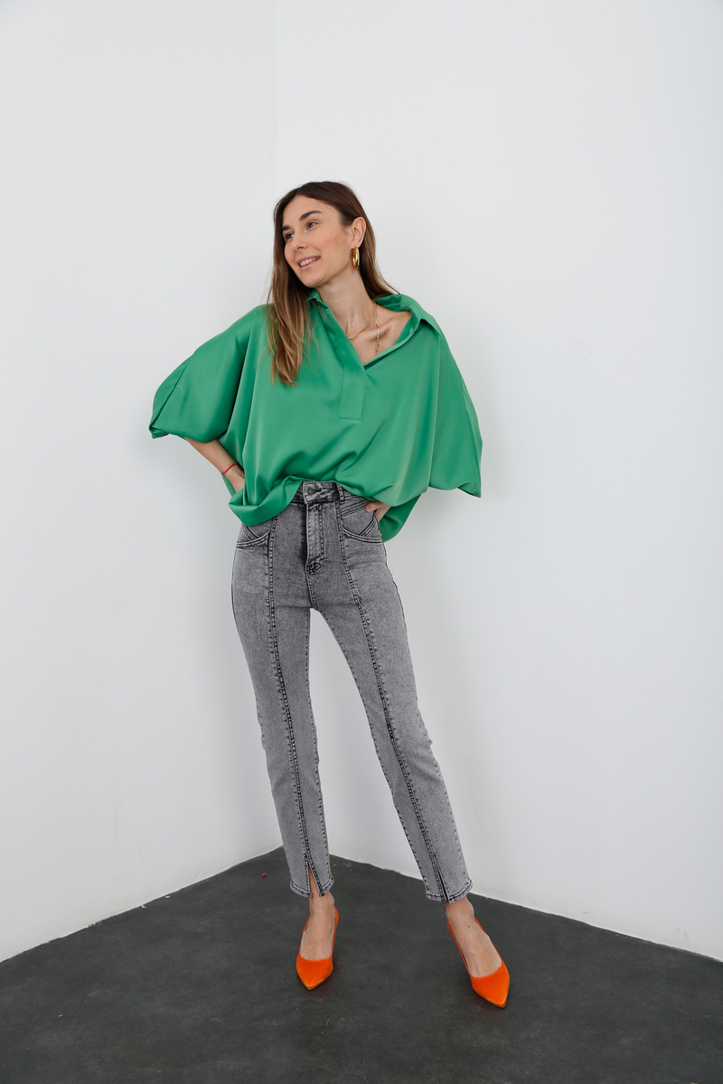 Gri Önden Yırtmaçlı Slim Fit Jean D.515