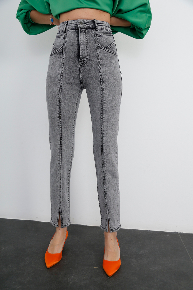 Gri Önden Yırtmaçlı Slim Fit Jean D.515