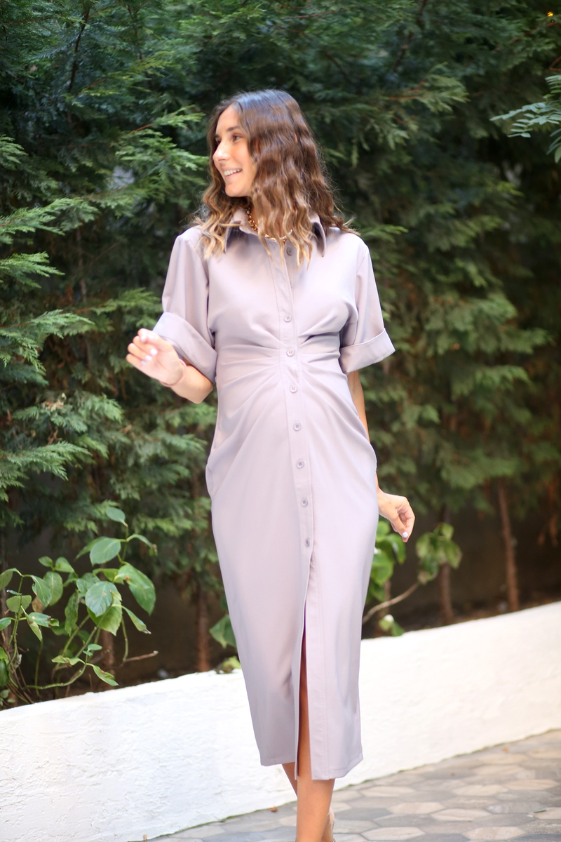 Gri Önü Büzgülü Gömlek Yaka Elbise 018