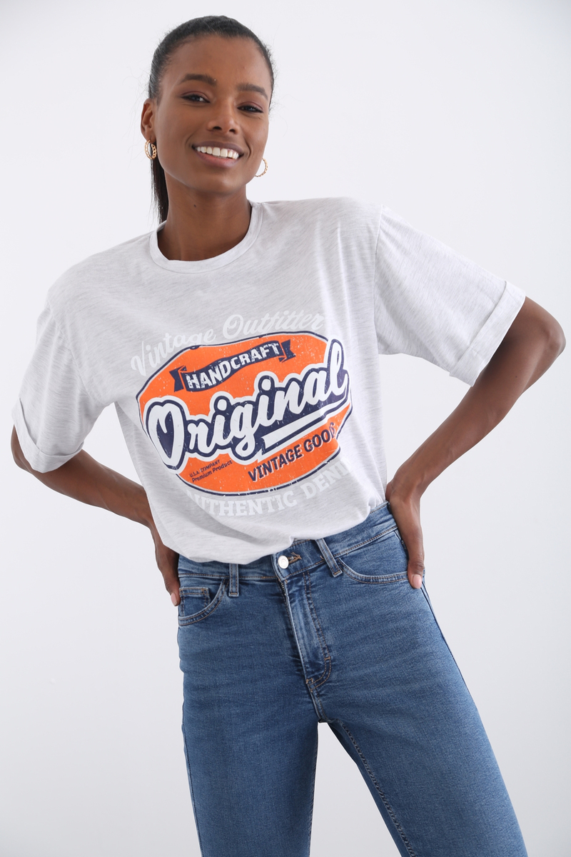 Gri Original Baskılı Tshirt 7519