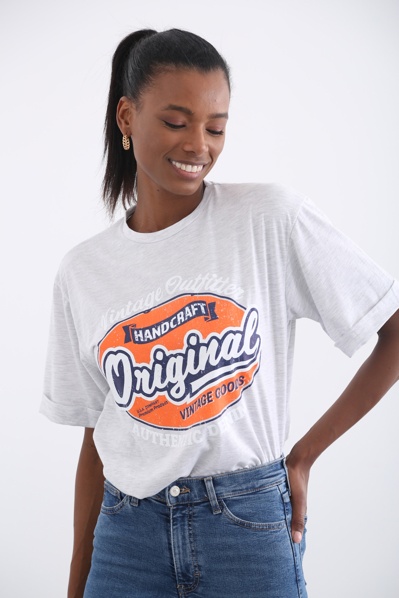 Gri Original Baskılı Tshirt 7519
