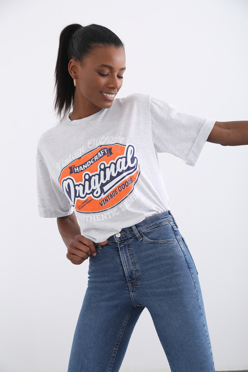 Gri Original Baskılı Tshirt 7519