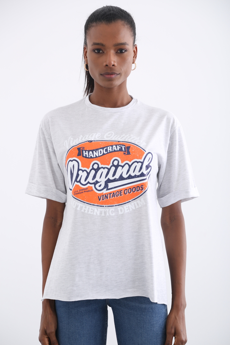 Gri Original Baskılı Tshirt 7519