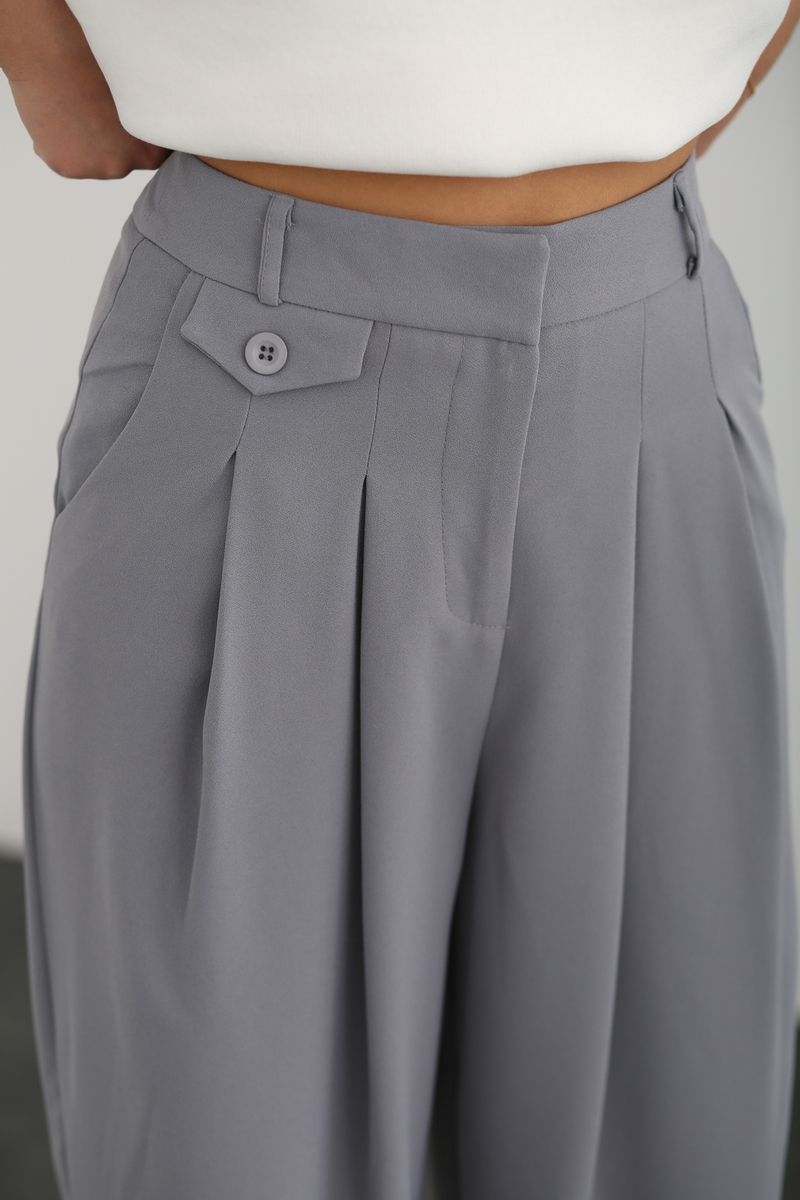 Gri Pile Detaylı Geniş Paça Pantolon 1390