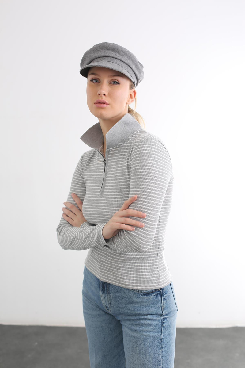 Gri Polo Yaka Fermuarlı Bluz 4664