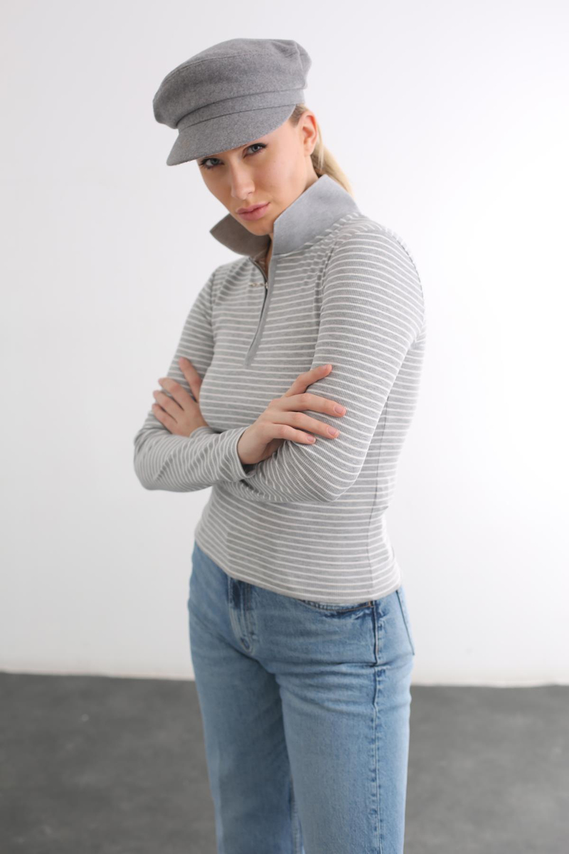 Gri Polo Yaka Fermuarlı Bluz 4664