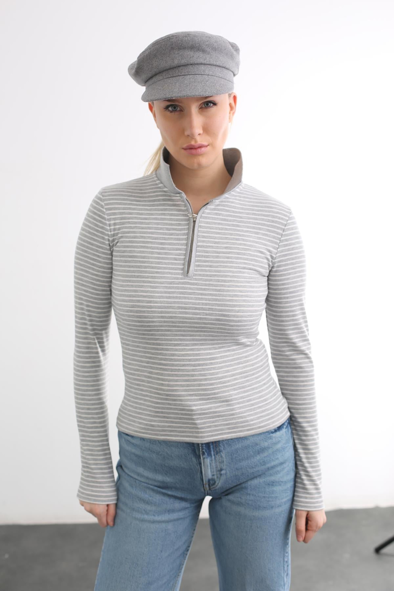 Gri Polo Yaka Fermuarlı Bluz 4664