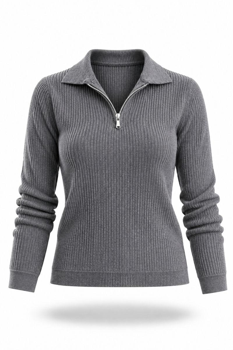 Gri Polo Yaka Fermuarlı Fitilli Triko 5668