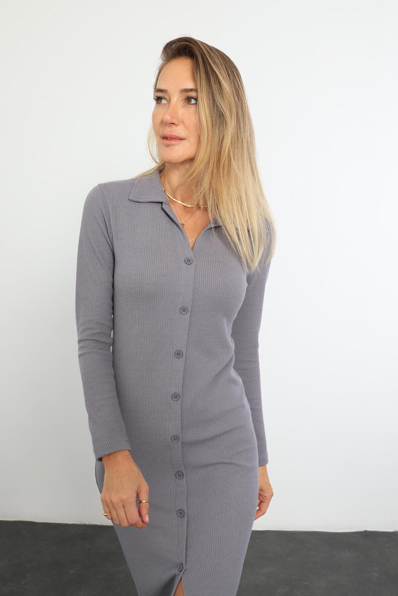 Gri Polo Yaka Fitilli Elbise 8161