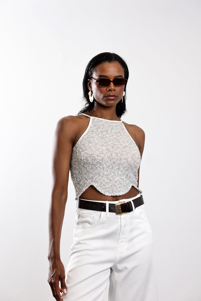 Gri Pullu Halter Yaka Bluz 071902