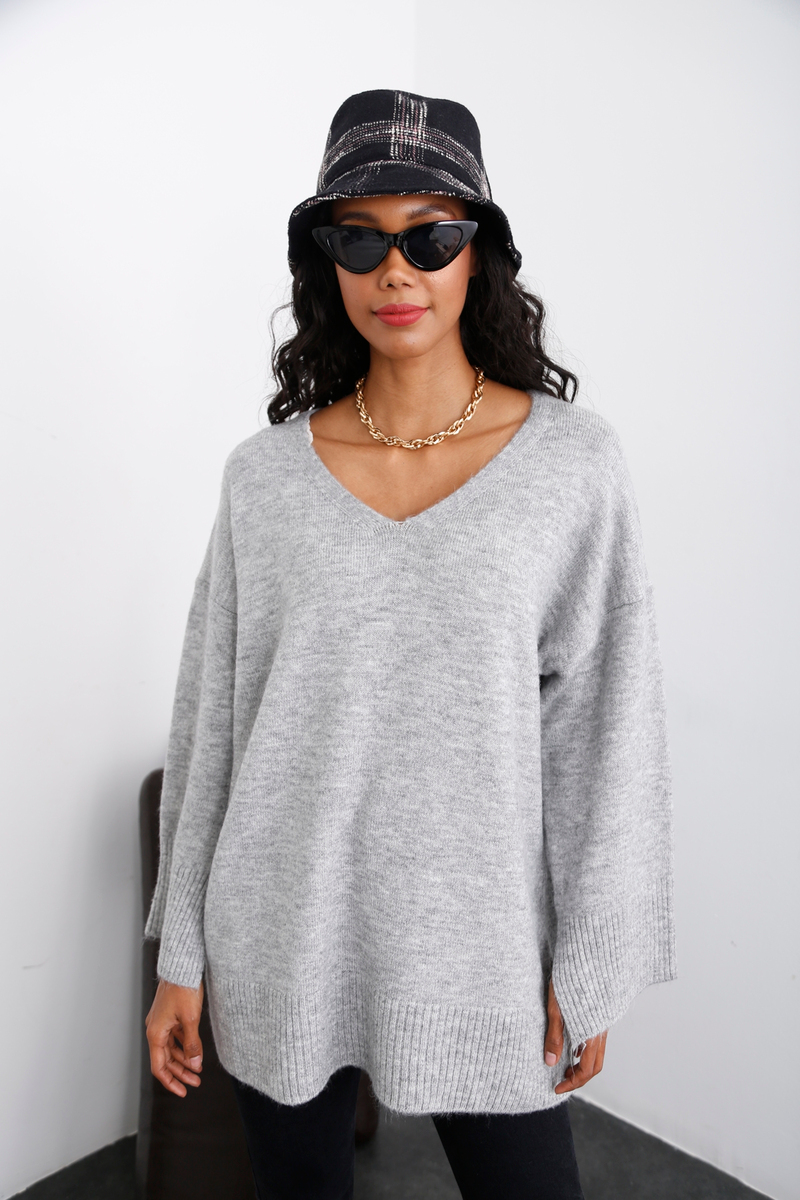 Gri V Yaka Oversize Triko 5616