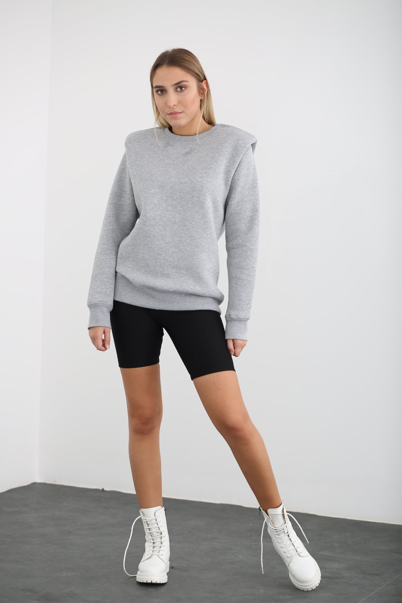 Gri Vatkalı Bisiklet Yaka Sweatshirt 