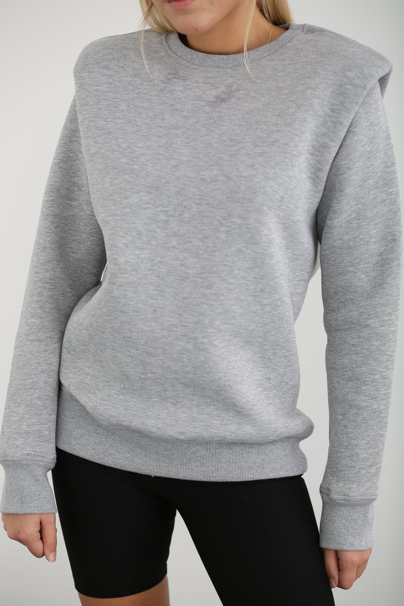 Gri Vatkalı Bisiklet Yaka Sweatshirt 