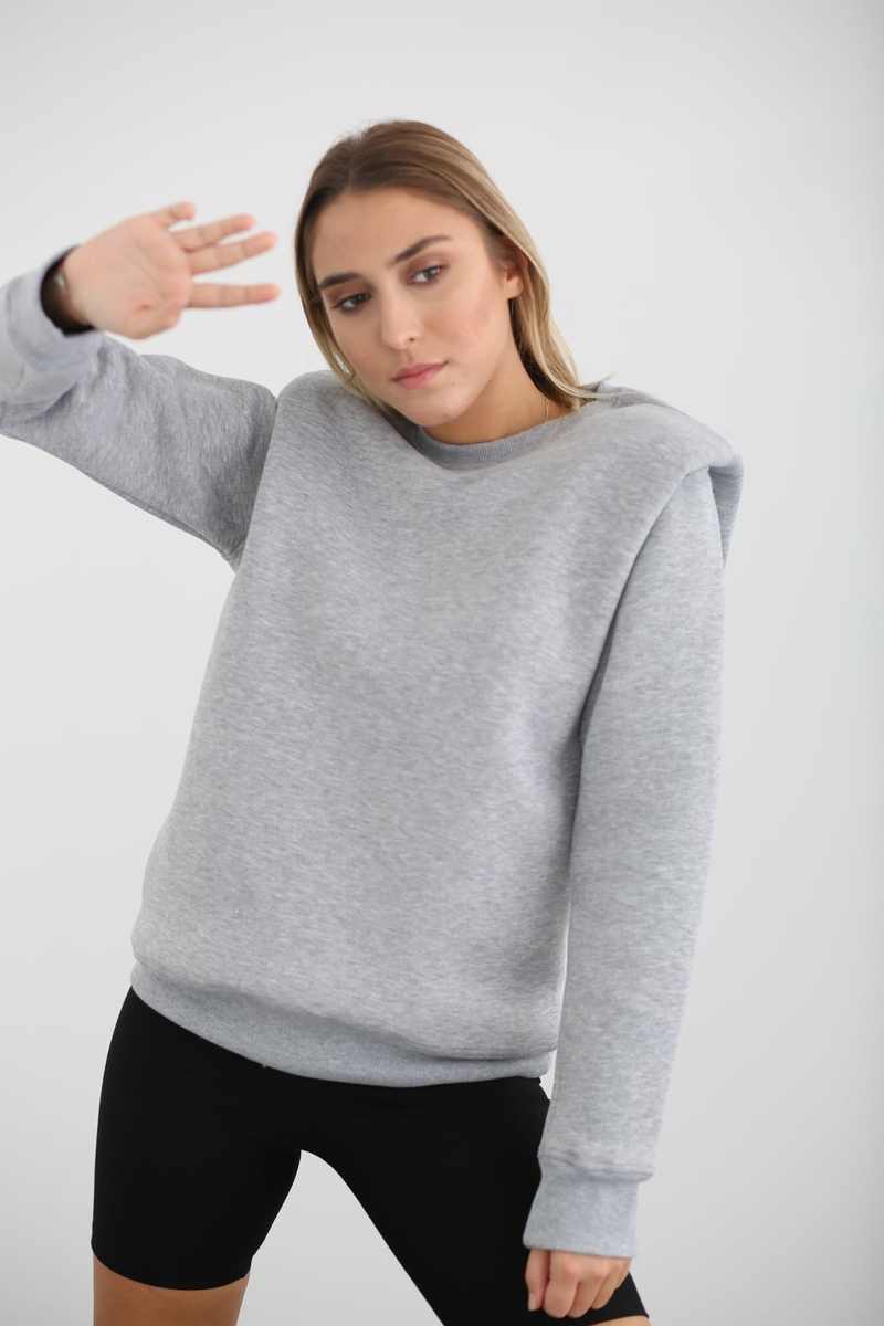 Gri Vatkalı Bisiklet Yaka Sweatshirt 