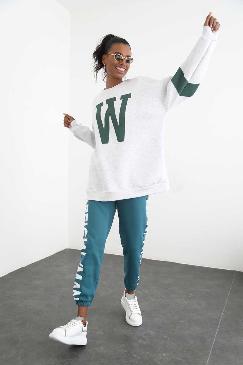 Gri W Baskılı Şardonlu Sweatshirt 