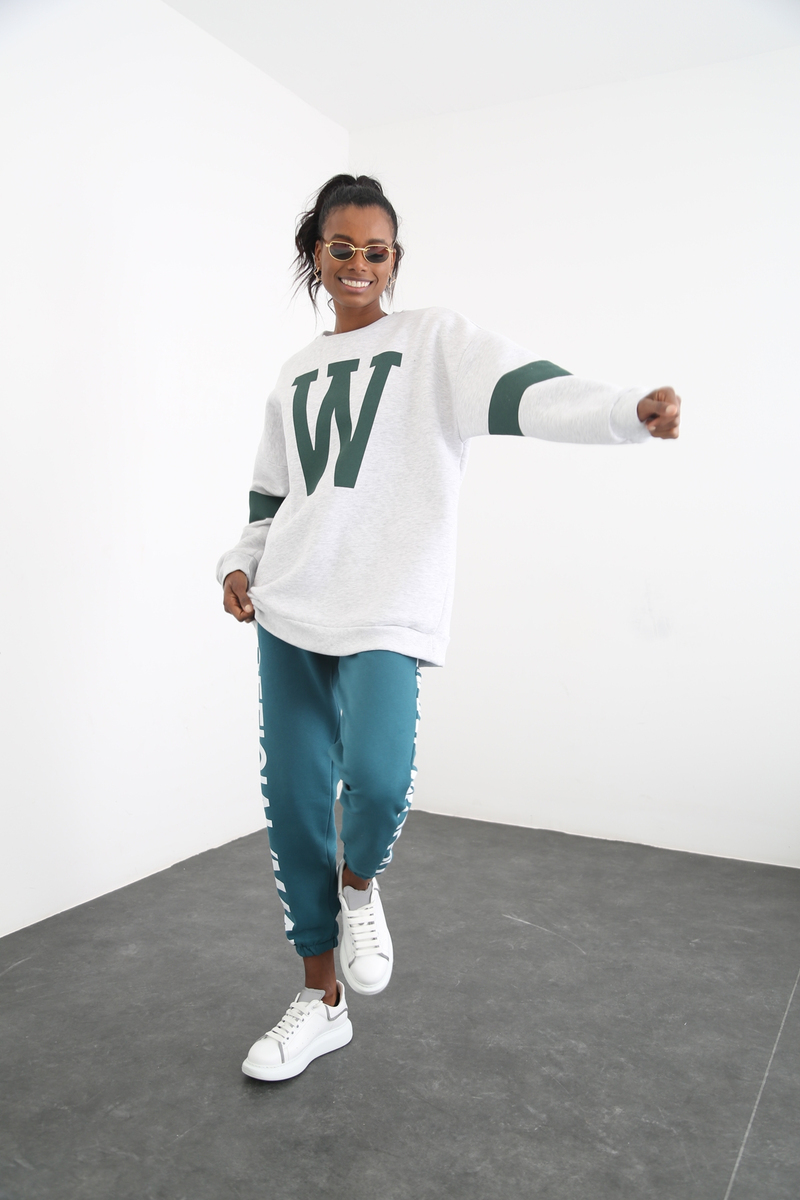 Gri W Baskılı Şardonlu Sweatshirt 