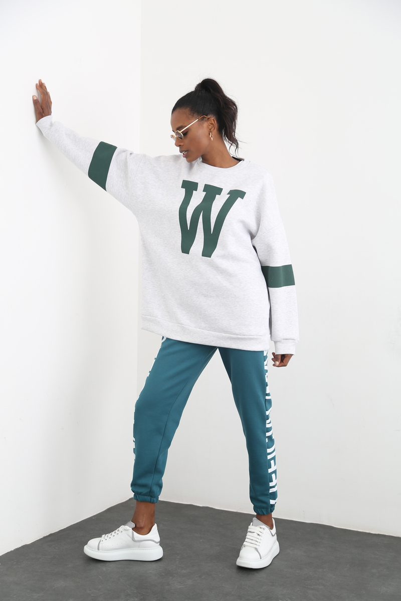 Gri W Baskılı Şardonlu Sweatshirt 