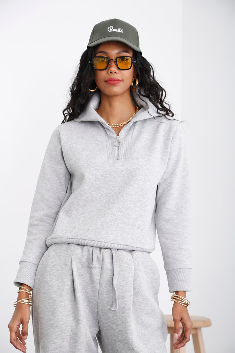 Gri Yarım Fermuarlı Şardonlu Sweatshirt 