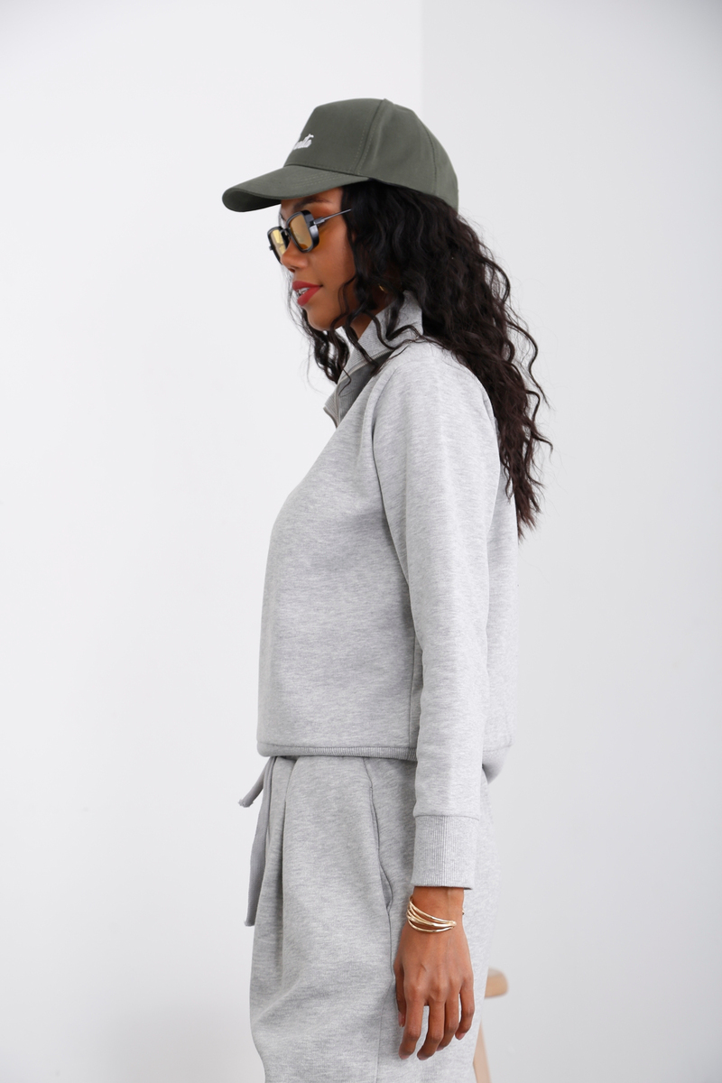 Gri Yarım Fermuarlı Şardonlu Sweatshirt 